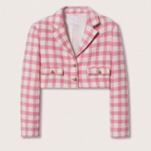 MANGO pink white blazer cropped tweed plaid gold buttons XS fem office preppy